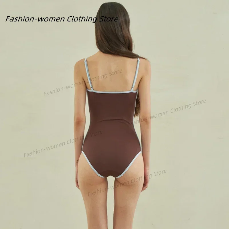 เซ็กซี่ One Piece ชุดว่ายน้ําผู้หญิงตัดชุดว่ายน้ําชุดว่ายน้ํา Monokini Bandeau ชุดว่ายน้ําเกาหลีเบาะชายหาดสวมสีน้ําตาล