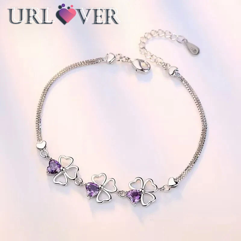 

Hot luxury designer 925 Sterling Silver Purple crystal Lucky Clover Bracelets for women fashion party wedding Jewelry 17CM+4CM