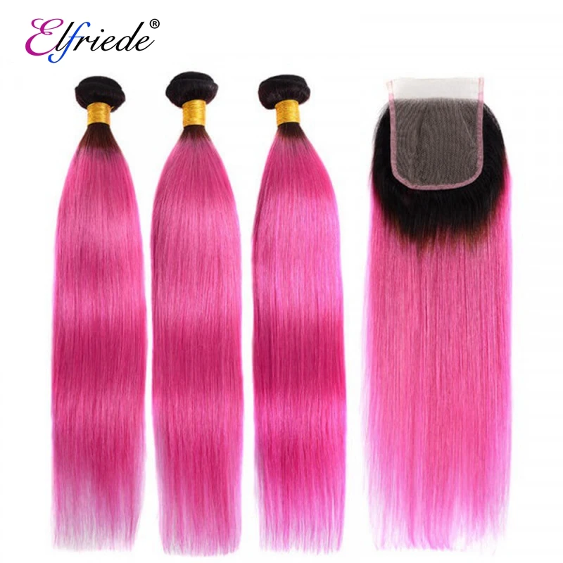 Elfriede #T1B/Pink Straight Ombre Colored Hair Bundles with Closure Brazilian Human Hair Weaves 3 Bundles with Lace Closure 4x4