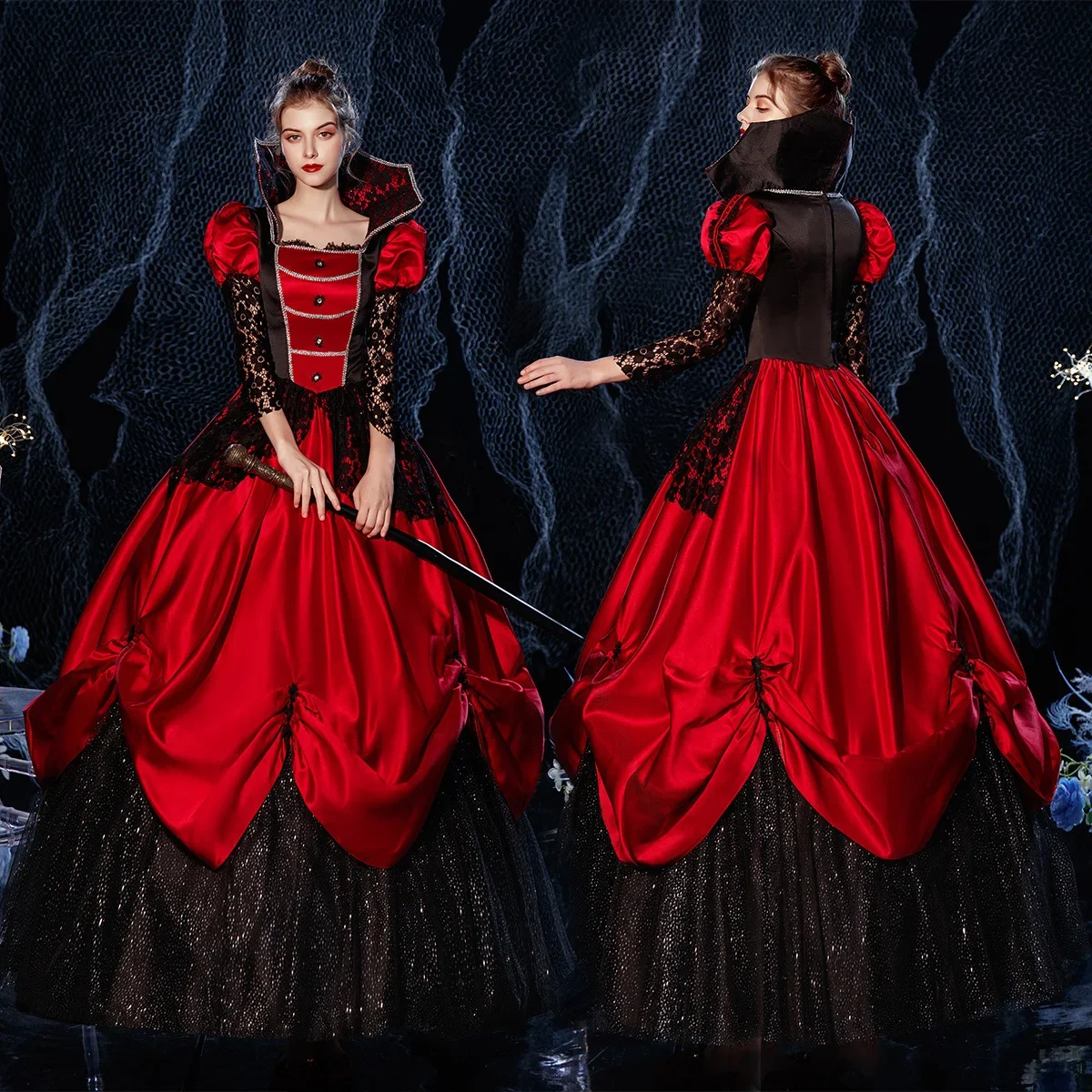 Red Black Stand-up Collar Vampire Witch Cosplay Queen Dress Halloween Show Princess Gothic Ball Gown Theatrical Costume Carnival