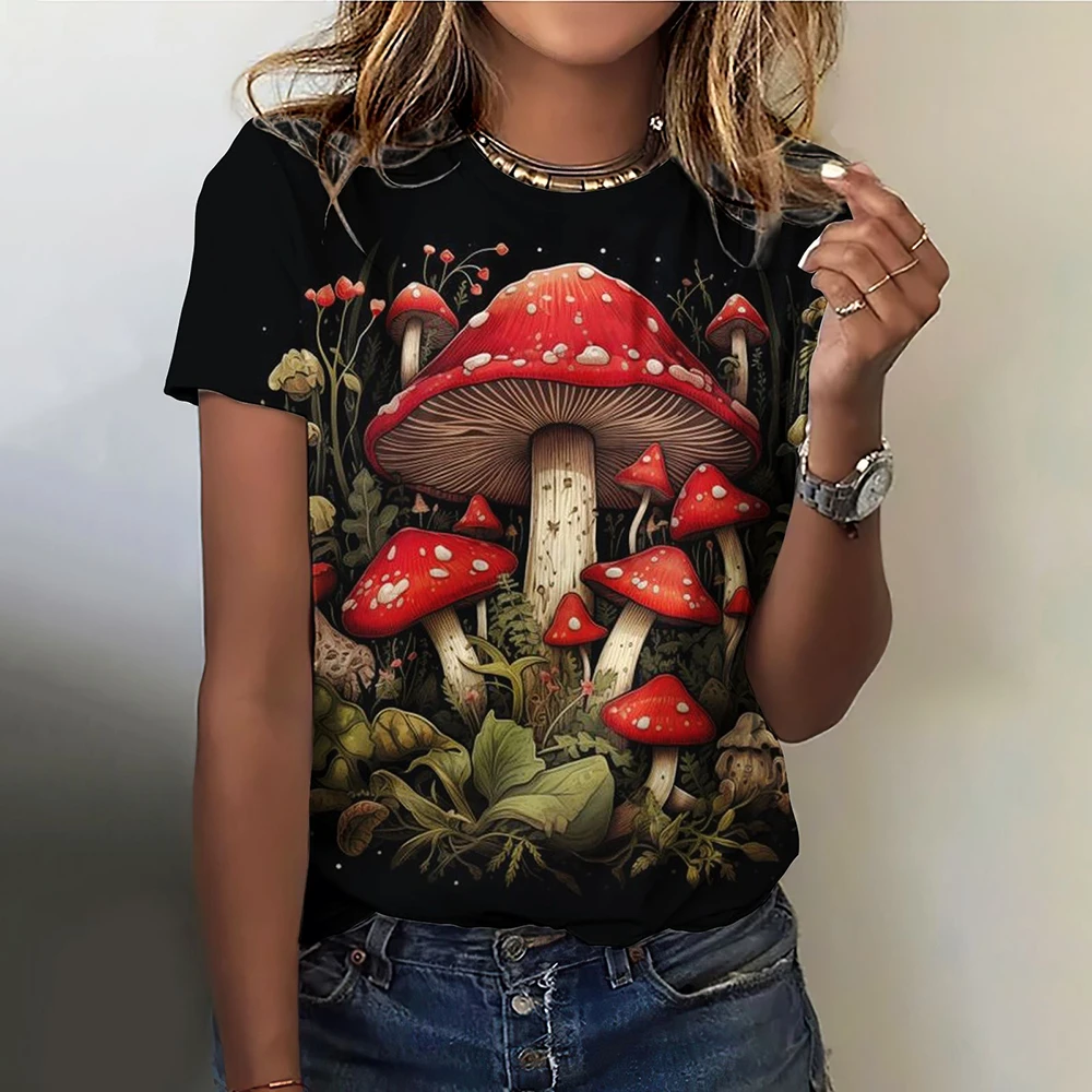 Funny Women\'s T-shirts Skulls Print Casual O-neck Short Sleeves Female Clothing Tops Mushroom Pattern Loose Tees Streetwear