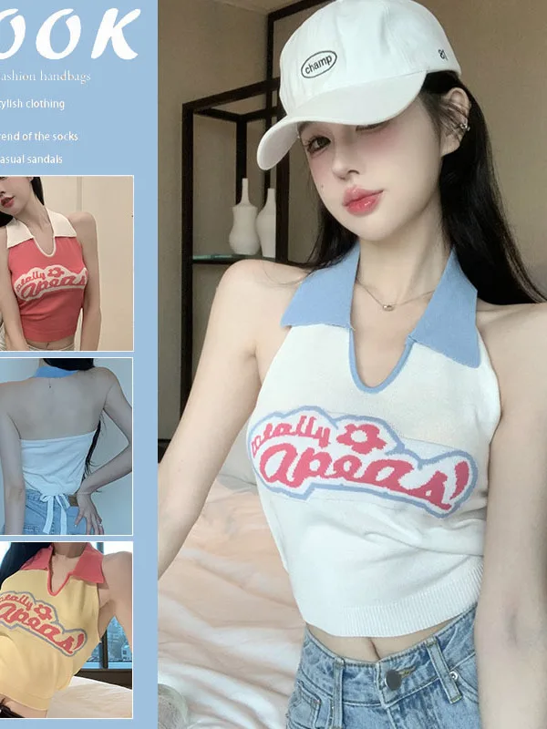 Spicy Girl Fashion Flip Collar Exquisite Small Tank Top Women's Summer New Outwear, Hanging Collar Sleeveless Knitted Top 33T5