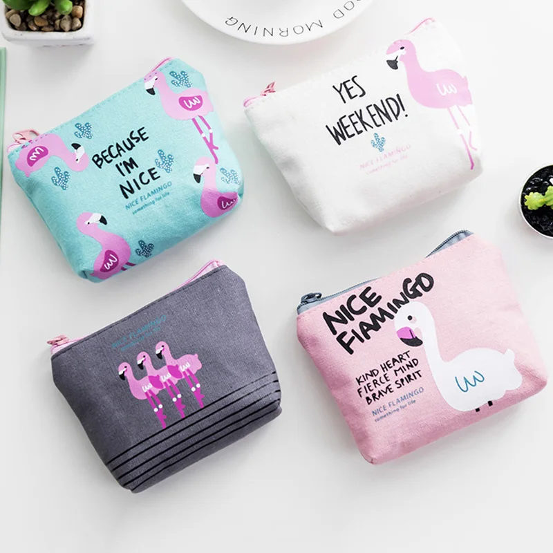 Woman Square Flamingo Coin Pouch Money Bags Pink Canvas Fabric Change Wallet Cute Cartoon Coin Purse Keys Earphone Storage Bag view 2