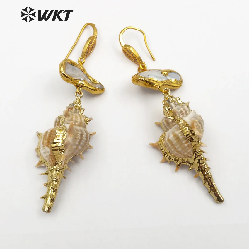 WT-E476 WKT High Quality Natural Trumpet Shell & Pearl Earrings Charm Jewelry With Gold Plated Unique Design For Ladies Gift