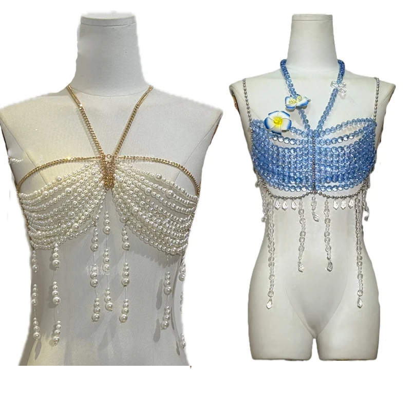 Sexy New Pearl Body Chain Corset Hanging Neck Outside The Beaded Top Prom Belly Dance Mermaid Bra Jewelry