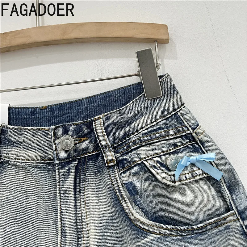 FAGADOER Fashion Bow Patchwork Denim Shorts Women Summer New High Waist Tassels Wide Legs Loose Shorts Female Streetwear New