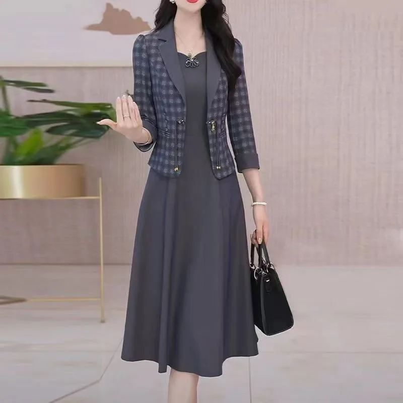 Middle Aged Women Fashion Sets Spring Autumn High End Blazer Jacket + Sleeveless Dresses 2 Piece Suit Mother\'s Dress Outfit