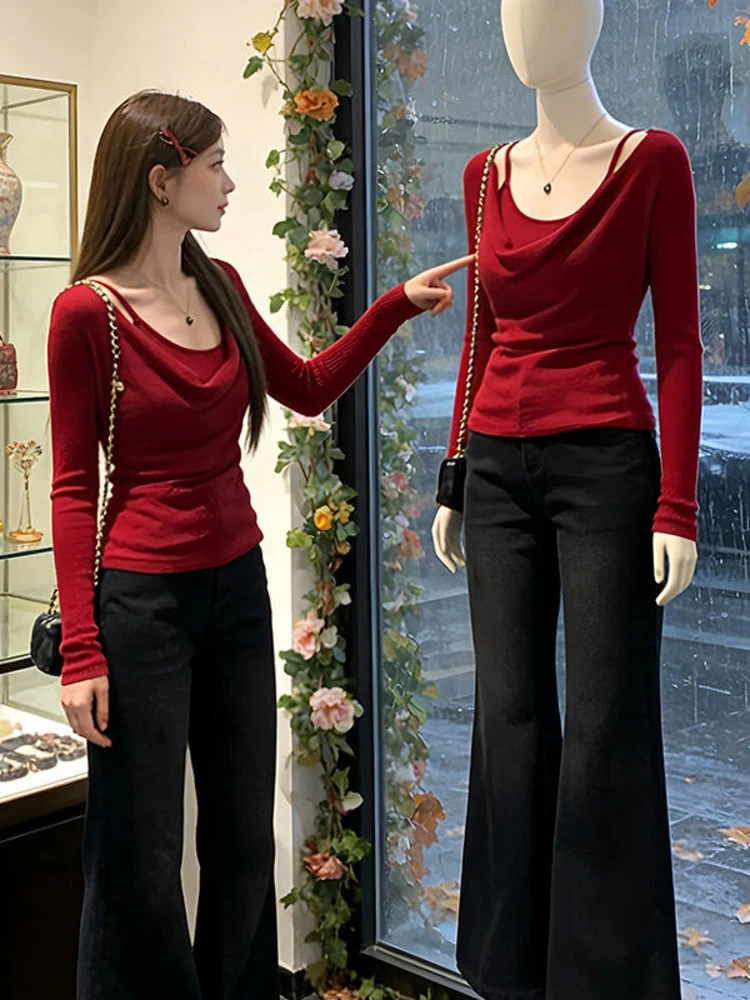 

Red Knitted Sweater Women's Inner Wear Christmas New Year Atmosphere Korean Style Spring New Fashion Breathable Skin-friendly