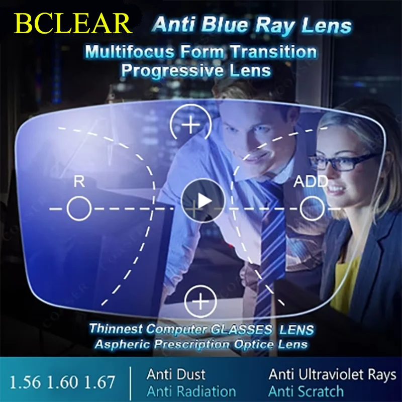 

BCLEAR High Quality Anti-blue Ray Lenses Free Form Progressive Prescription Lens Far Near Block UV Blue Light Eyes Protection