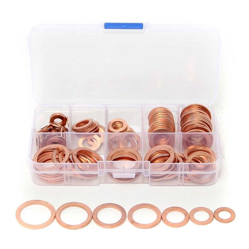 

120pcs Copper Washer Gasket Assorted Set 8 Sizes M6-M20 Flat Ring Seal Assortment Kit with Box For Hardware Accessories