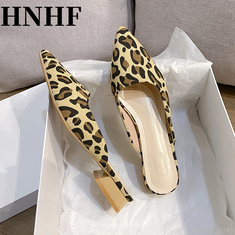 HNHF Women Leopard Mules Leather Pu Square Heel Slippers New Woman Luxury Designer PU Leather Slides Elegant Office Shoes