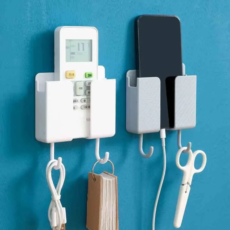 1PC Storage Box Holder Wall Mounted Storage Bracket Remote Organizer Hole Free Mobile Phone Storage Rack With 2 Hooks