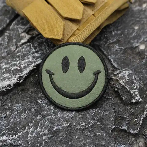green smiling face Embroidered Patch with merrow border, Sewable Applique for Clothing and Accessories