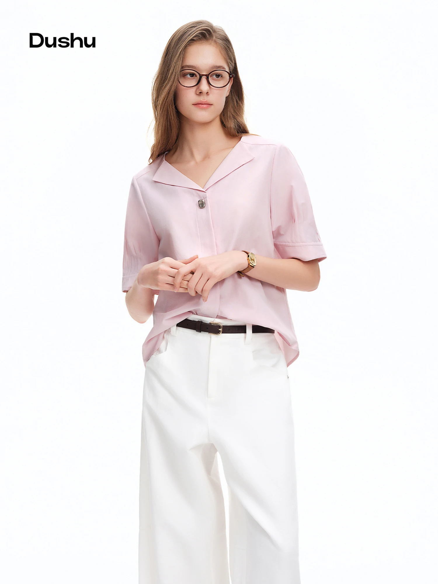 

DUSHU 2026 Summer Women's French-Inspired V-Neck Lapel Collar Short Sleeve Shirt - Elegant Casual Cotton Blend Top for Daily