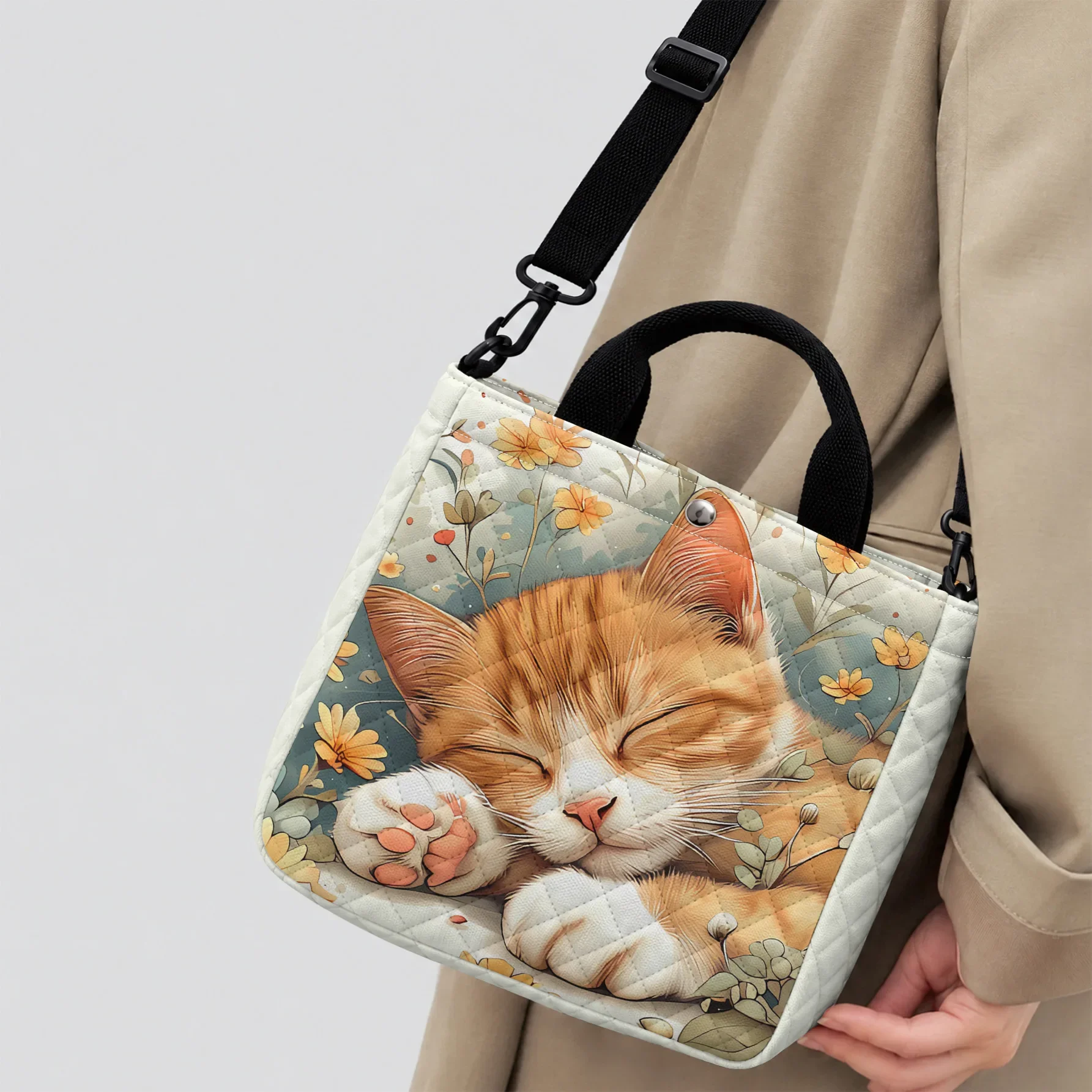 Sleeping Orange Cat Floral Quilted Tote Bag, Removable Crossbody Strap Handbag For Commuting, Shopping And Daily Use