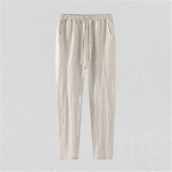 Erkekler yaz Streetwear nefes pamuk keten ayak bileği uzunluğu pantolon erkek basit rahat katı gevşek pantolon Y2K cepler pantolonlar