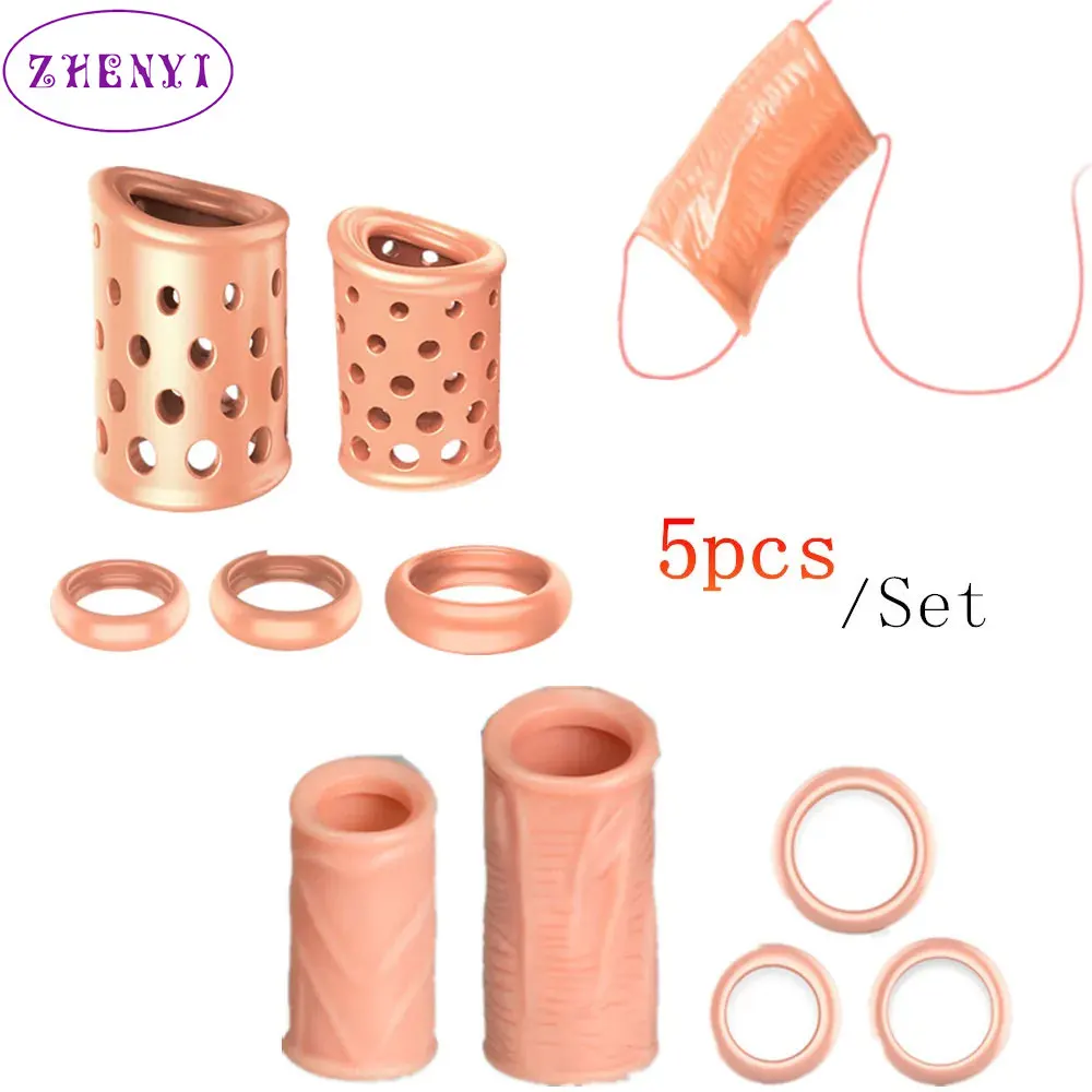 Neues Design, atmungsaktiv, Penishülle, 5-teiliges Kit, wiederverwendbarer Silikon-Penisring, Tag- und Nachtgebrauch, Kondome, Vorhaut-Korrekturring, Sexspielzeug