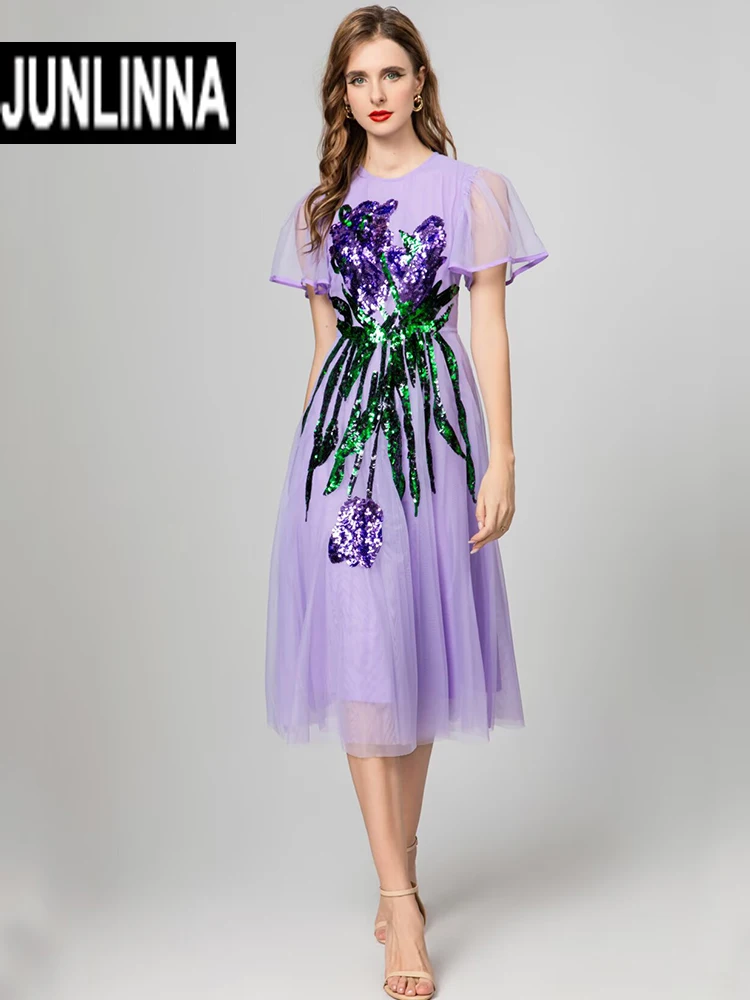 

JUNLINNA Summer Women Runway Dresses O-Neck short Sleeve Sequins Embroidery Party Holiday Mesh Patchwork Vestidos