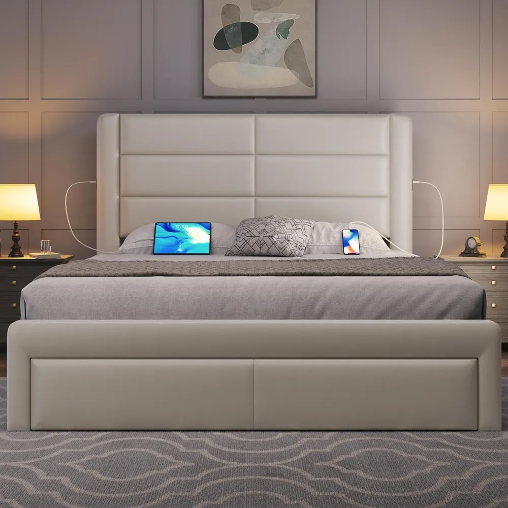 Bedframe met 2 USB-laadstation/poorten voor Type A en Type C/3 opbergladen, met leer bekleed platformbed