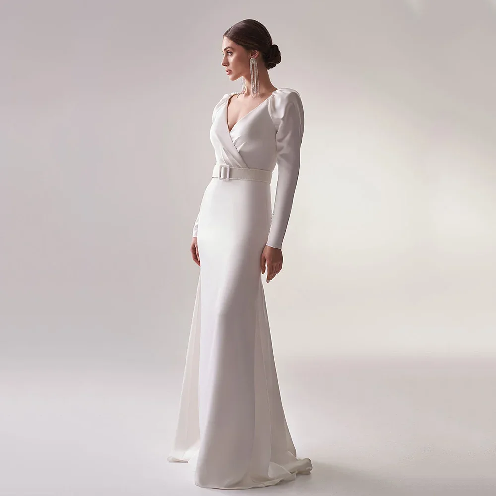 

Sexy V-Neck Wedding Dresses 2022 Elegant White Mermaid Floor-Length Bridal Gowns Simple Belt Pleated Full Sleeves Robe de soirée