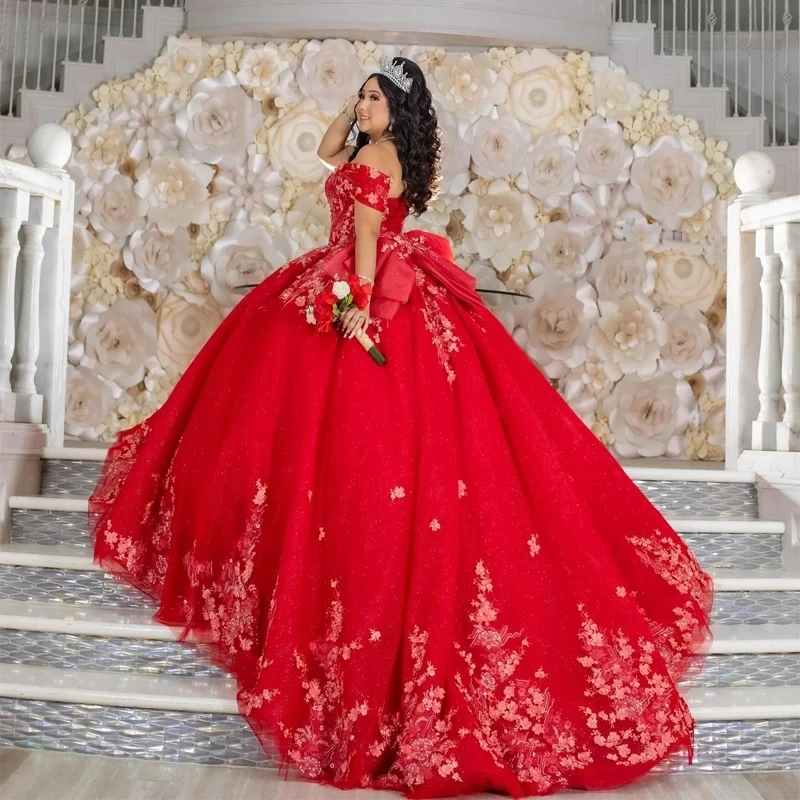 

Red Quinceanera Dress Off The Shoulder Lace Applique Beading Tull Mexican Sweet 16 Birthday Party Dress Vestidos De XV 15 Anos