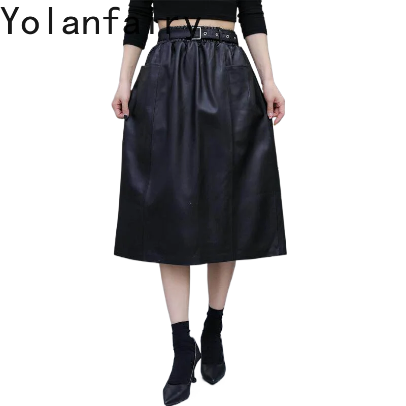 YOLANFAIRY Genuine Sheepskin Leather Skirt for Women High Waist A-line Skirt 2026 Autumn Black Midi Leather Skirts Streetwear