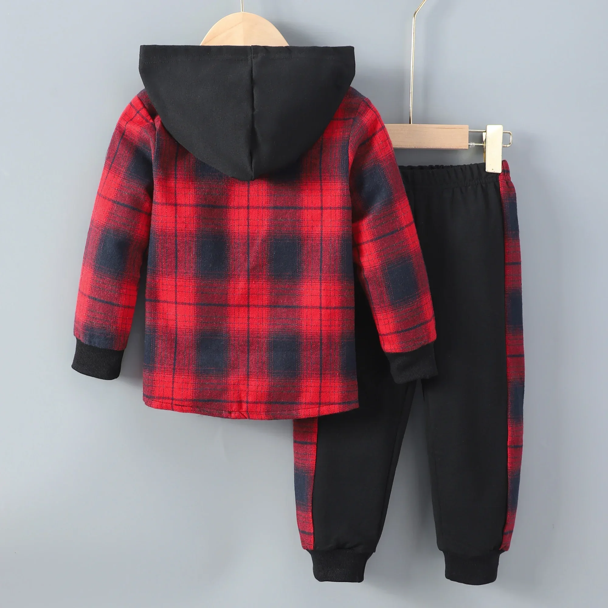 2pcs Boys Casual Creative Long Sleeve Plaid Hooded Jacket&Sweatpants Sets Kids Clothes Girls Clothes