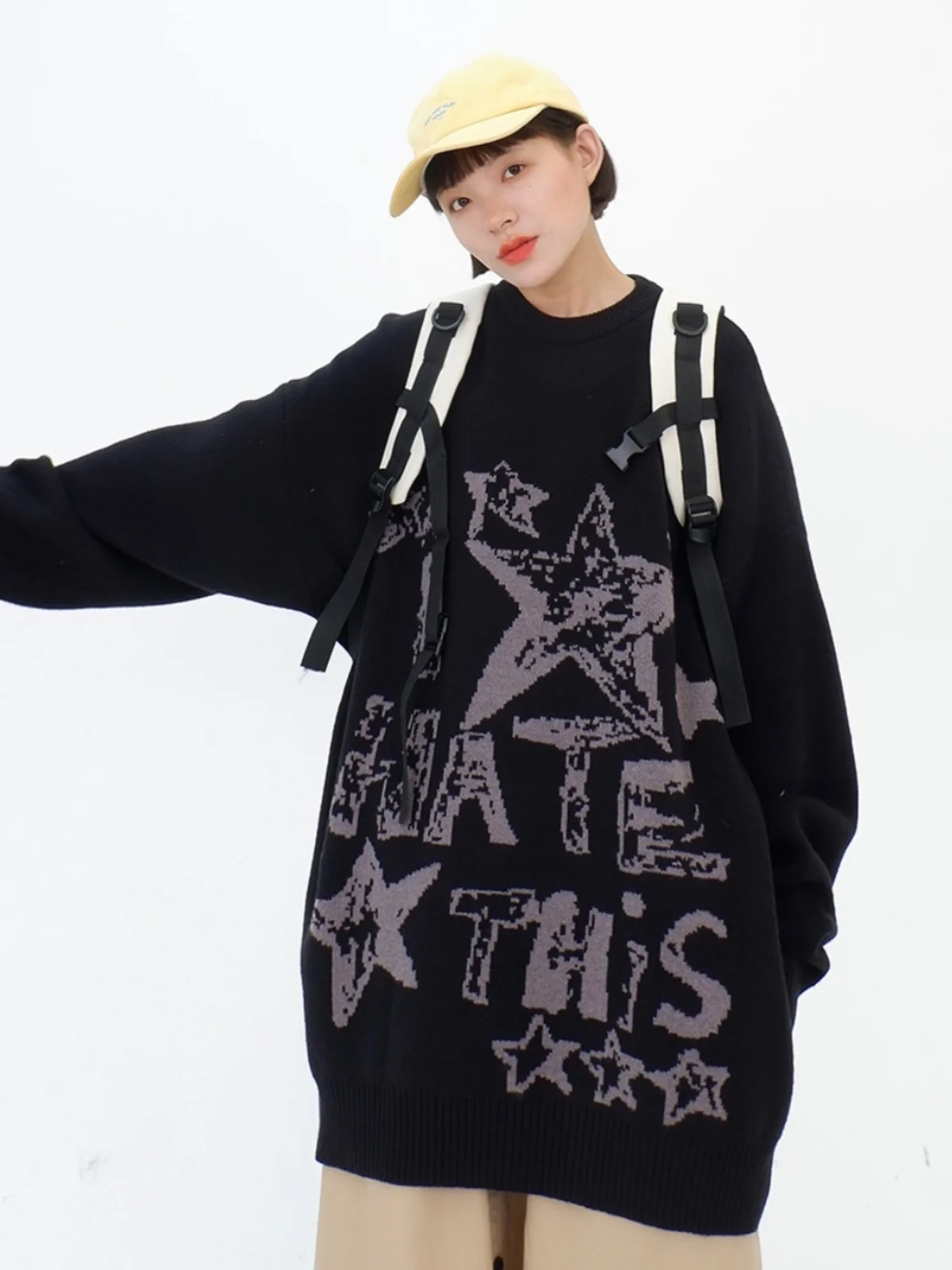 American Soft Glutinous Star Round Neck Sweaters 2023 Autumn/Winter New Loose Fit BF Street Hip Hop Knit Trend