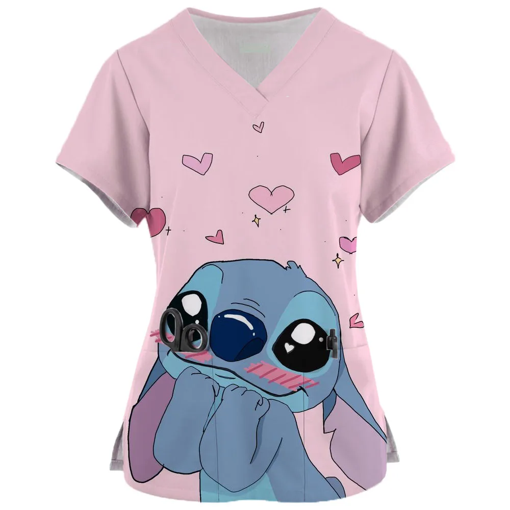 

Disney Stitch Print Hospital Nursing Surgery Scrubs Tops Women Short Sleeved Dental Clinic Work Uniforms Blouse Doctor Clothes