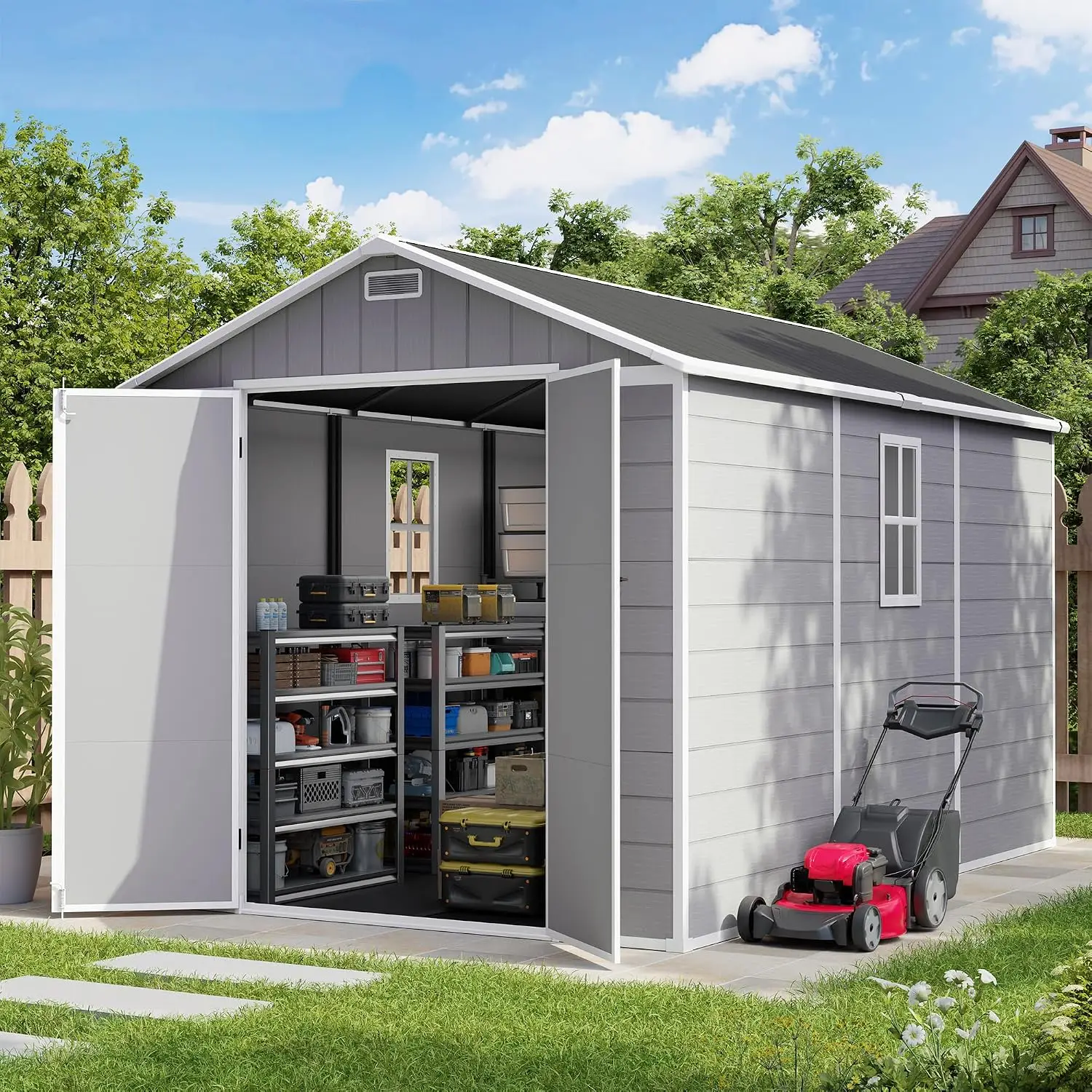 Resin Storage Shed with Floor Lockable Door, Window & Vents for Lawnmower & Garden Tools, 8X12 FT, Grey & White, Customized