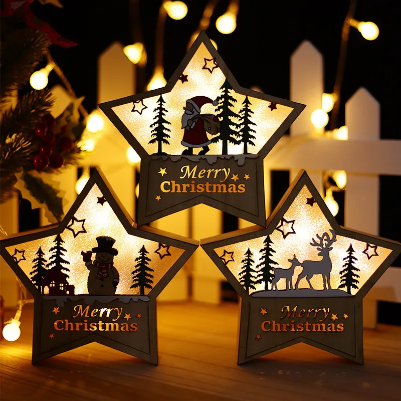 1pcs Christmas Glowing Wooden Five- Pointed Star Shape Ornaments Christmas Snowman Ornaments Shopping Mall Window Decoration