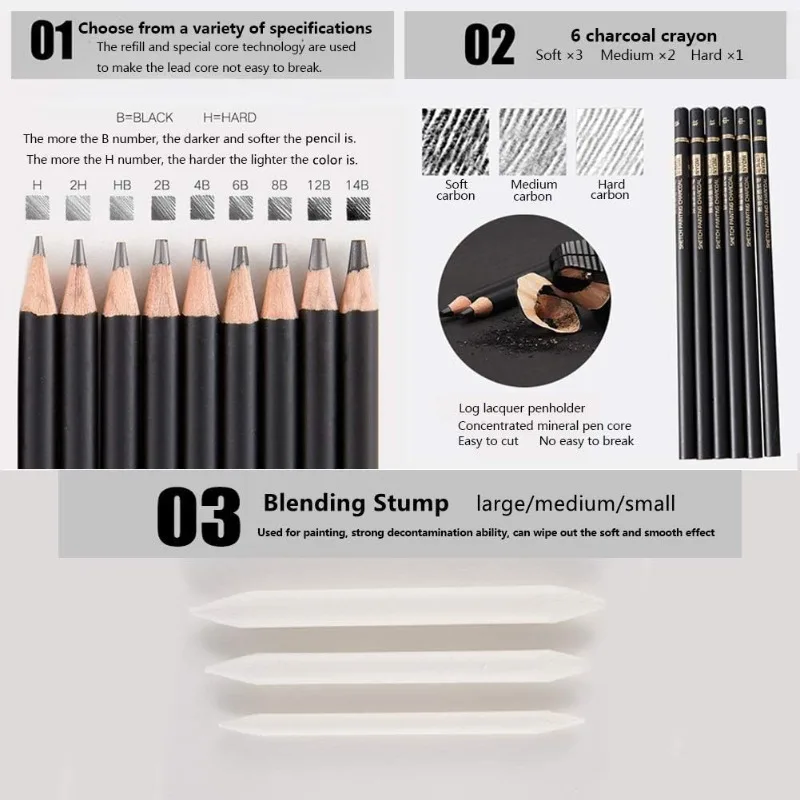 29Pcs NYONI Sketching Pencils Set Including Graphite Pencils,Charcoal Pencils,Blending Stumps and Other Tools In Drawing Tin Box