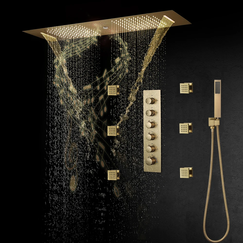 5 Functions Thermostatic Brushed Gold Shower System Embedded Ceiling 36×12 Inch RainLED Music ShowerHeads Bathroom Faucets Brass