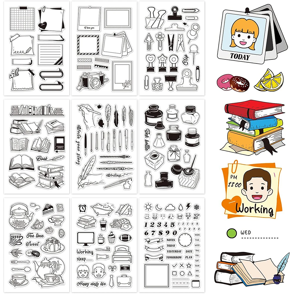 9 Sheet Silicone Clear Stamps Seal Clip Book Pen Ink Daily Life Sweet Tea Time for DIY Scrapbook Card Making Envelope Decoration