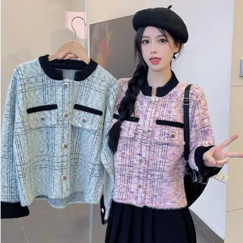 Contrast Plaid Button Patchwork Elegant Cardigan Autumn Winter New Long Sleeve Loose Temperament Tops Korean Trend Women Clothes