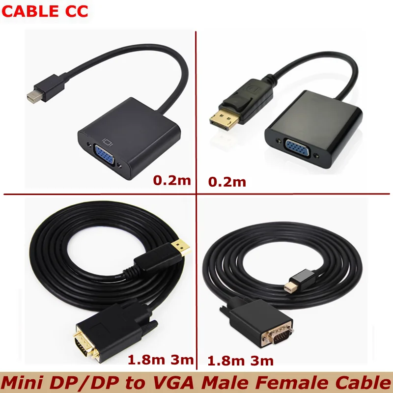 DP to VGA Male and Female Cable Adapter, For HP Elitebook Dell Mac Laptop Mini DisplayPort Thunderbolt to VGA Converter 1.8m