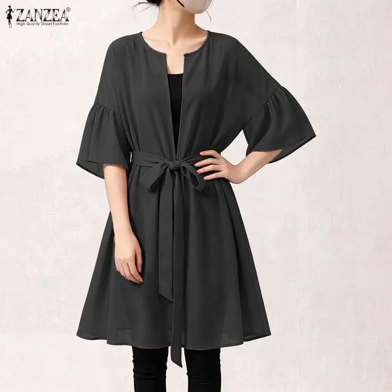 ZANZEA Women Chiffon Cardigan 3/4 Flare Sleeve Lace-Up Tops Kimono Elegant Casual Holiday Beach Cover Up Solid Summer Outerwear