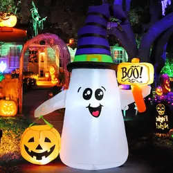 Halloween Inflatables Ghost Outdoor Decorations Blow Up Yard Cute Wizard Ghost with Pumpkin with Built-in LEDs for Garden Lawn