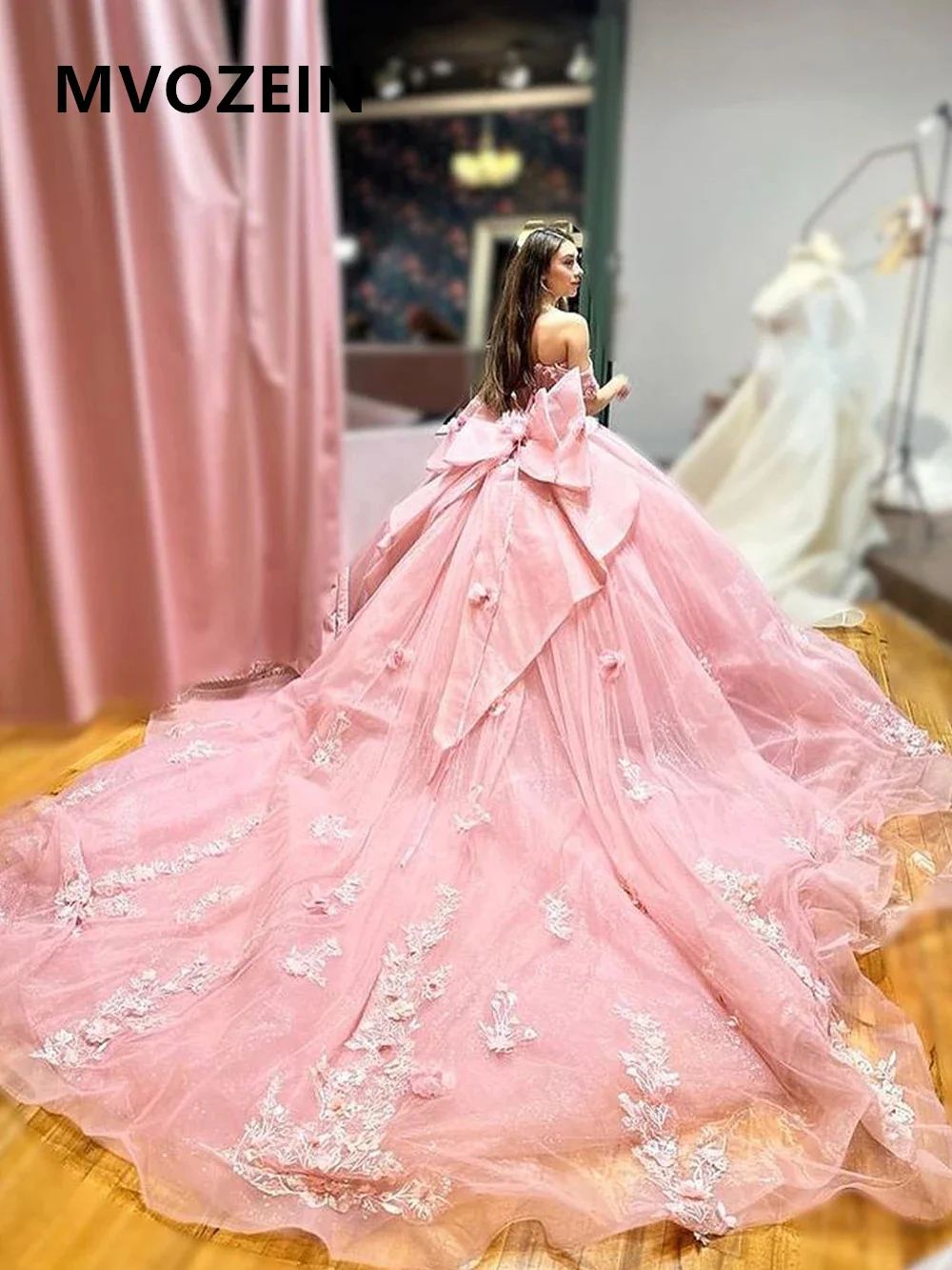 Vestidos de quinceañera rosa, vestido de noche de encaje, escote Corazón, hombros descubiertos, fiesta hinchada, cuentas de cristal, vestido de baile, 15