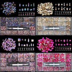 Mixed AB Glass Crystal Diamond Flat Rhinestone Nail Art Decoration Fingers 21 Grid Box Nails Accessories Set With 1 Pick Up Pen