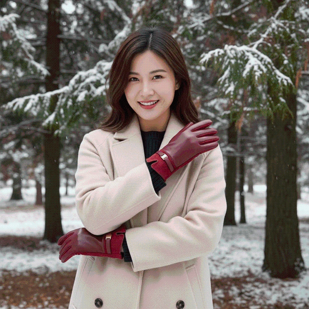 Fleece Lined Leather Gloves Elegant Style Solid Color Winter Mittens Soft Lining Metal Buckle Thermal Hand Warmer Cycling