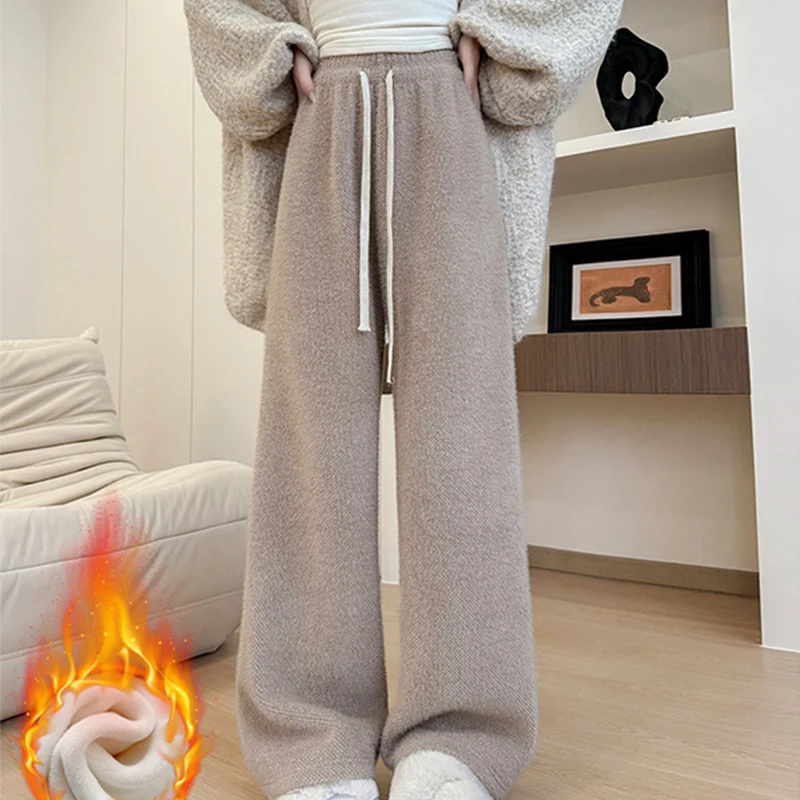 Drawstring High Waist Plush Pants For Women Winter Fleece Straight Wide Leg Casual Pants Woman Loose Thicken Warm Trousers Mujer