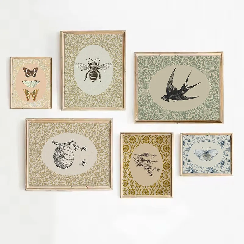 (No frame)Vintage Bumble Bee Bird Swallow Honeybee Flower Pattern Cottagecore Insects Poster Canvas Painting Wall Art Picture