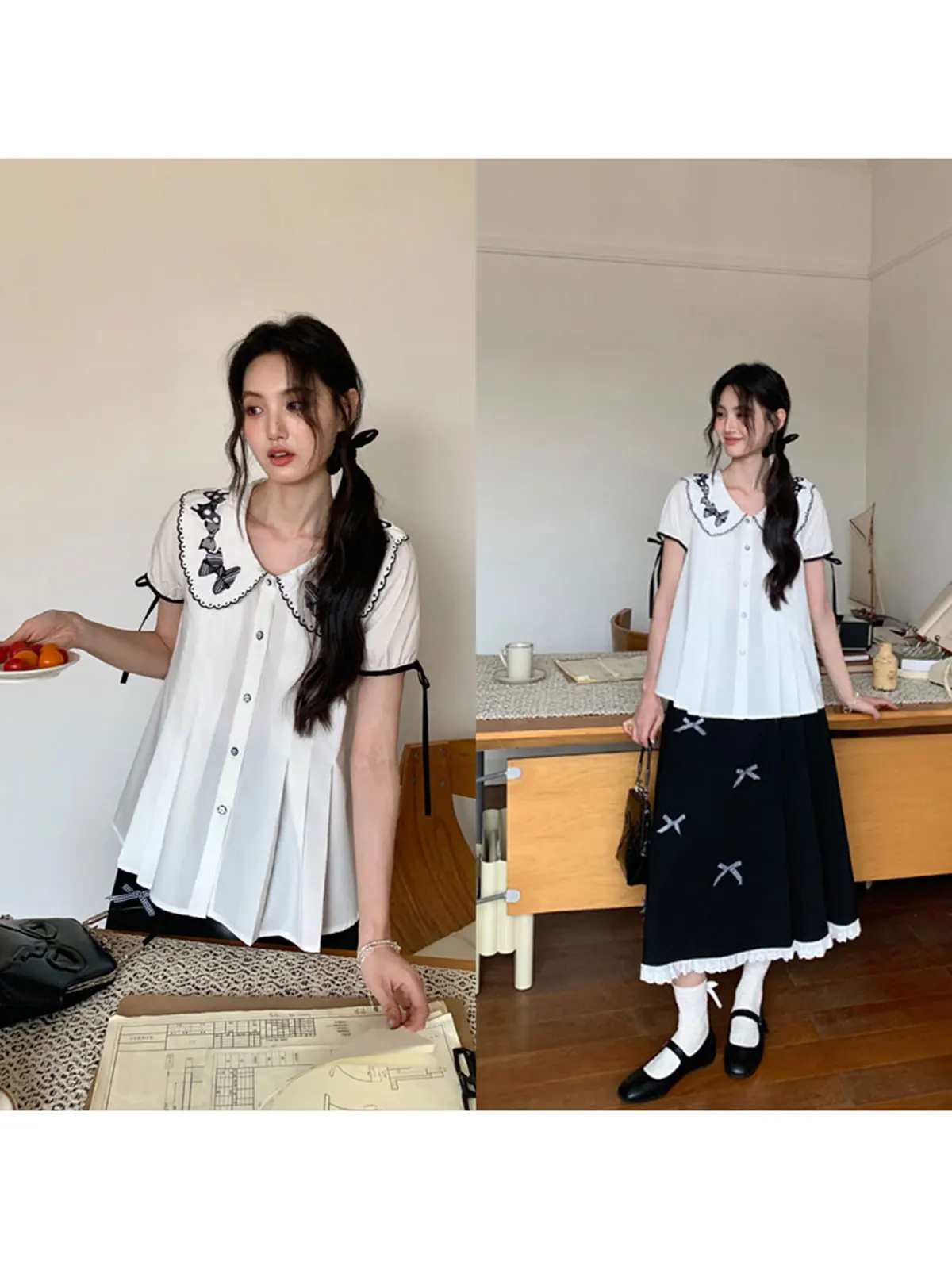 

Large Size Embroidered Knot irt Women's Summer Sweet Simple Commute irt Casual Sle Polyester Cotton Blend
