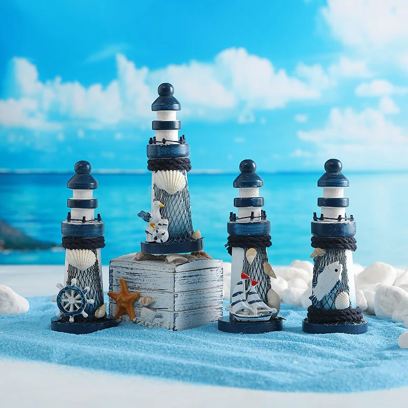 Mediterranean Style Wooden Lighthouse Decor Nautical Themed Ornament Coastal Travel Souvenir Gift Home Decoration Figurines