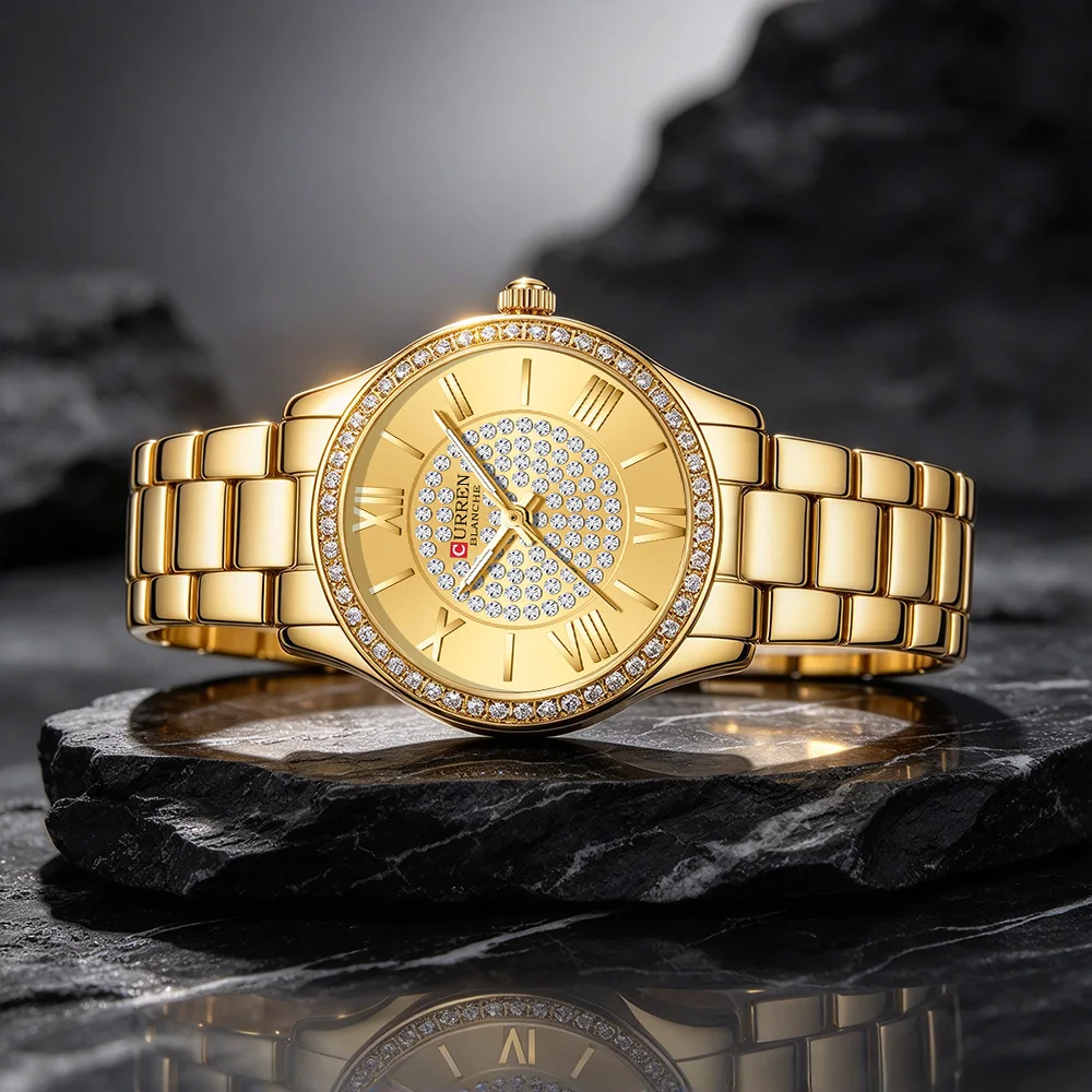 CURREN 9084 Elegant Luxury Quartz Watch Rhinestone Bezel and Dial Roman Numerals Luminous Hands Stainless Steel Bracelet