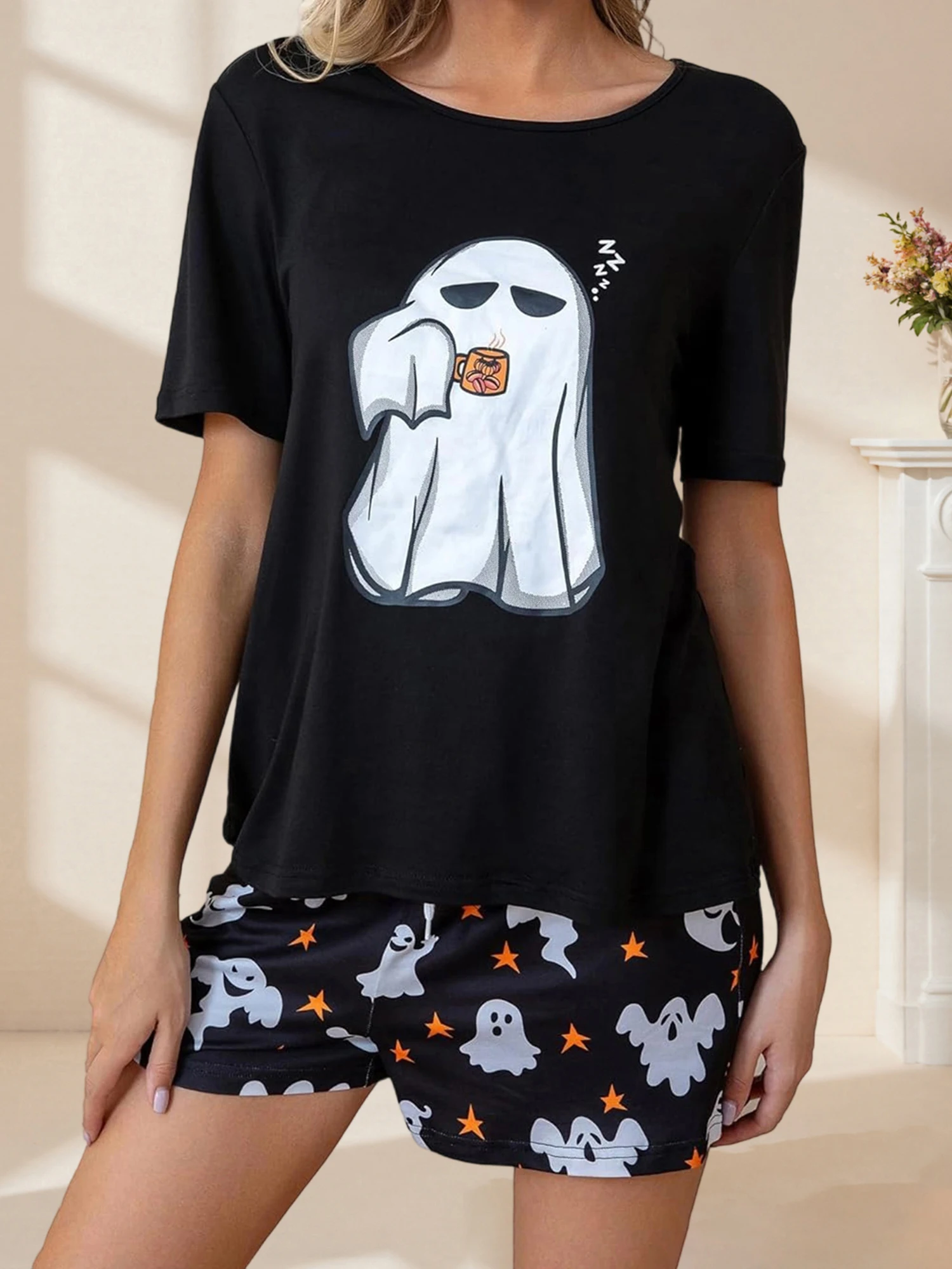 Women s Halloween Costume 2 Piece Set Adorable Short Sleeve Printed T-Shirt Shorts Lounge Wear Outfit for Fall