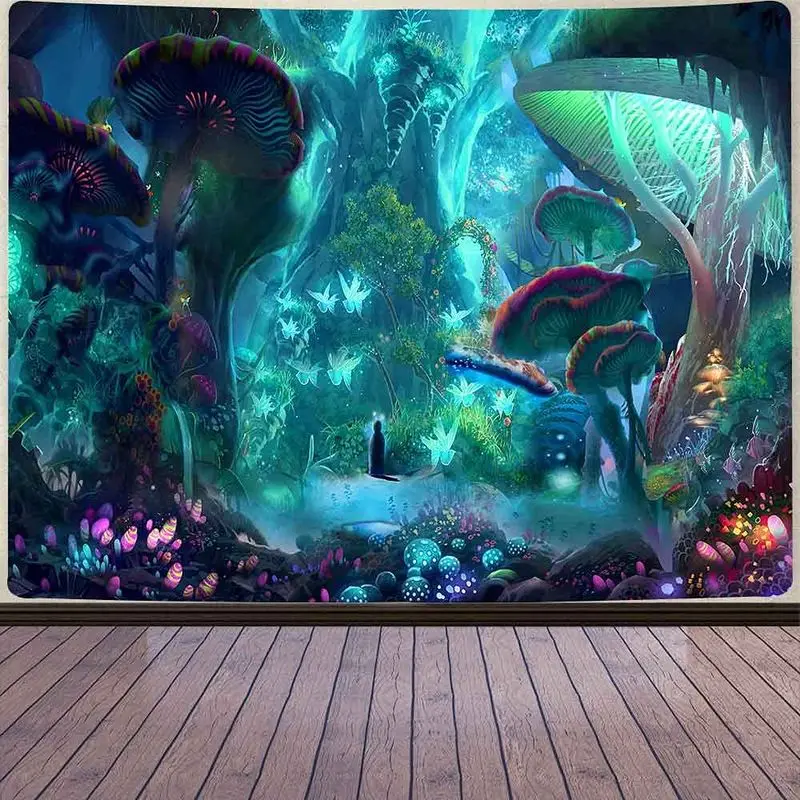 VIKAMA Neon Glow Enchanted Mushroom Forest Tapestry Wall Hanging, Psychedelic Fantasy Art for Living Room Dorm Room Decor