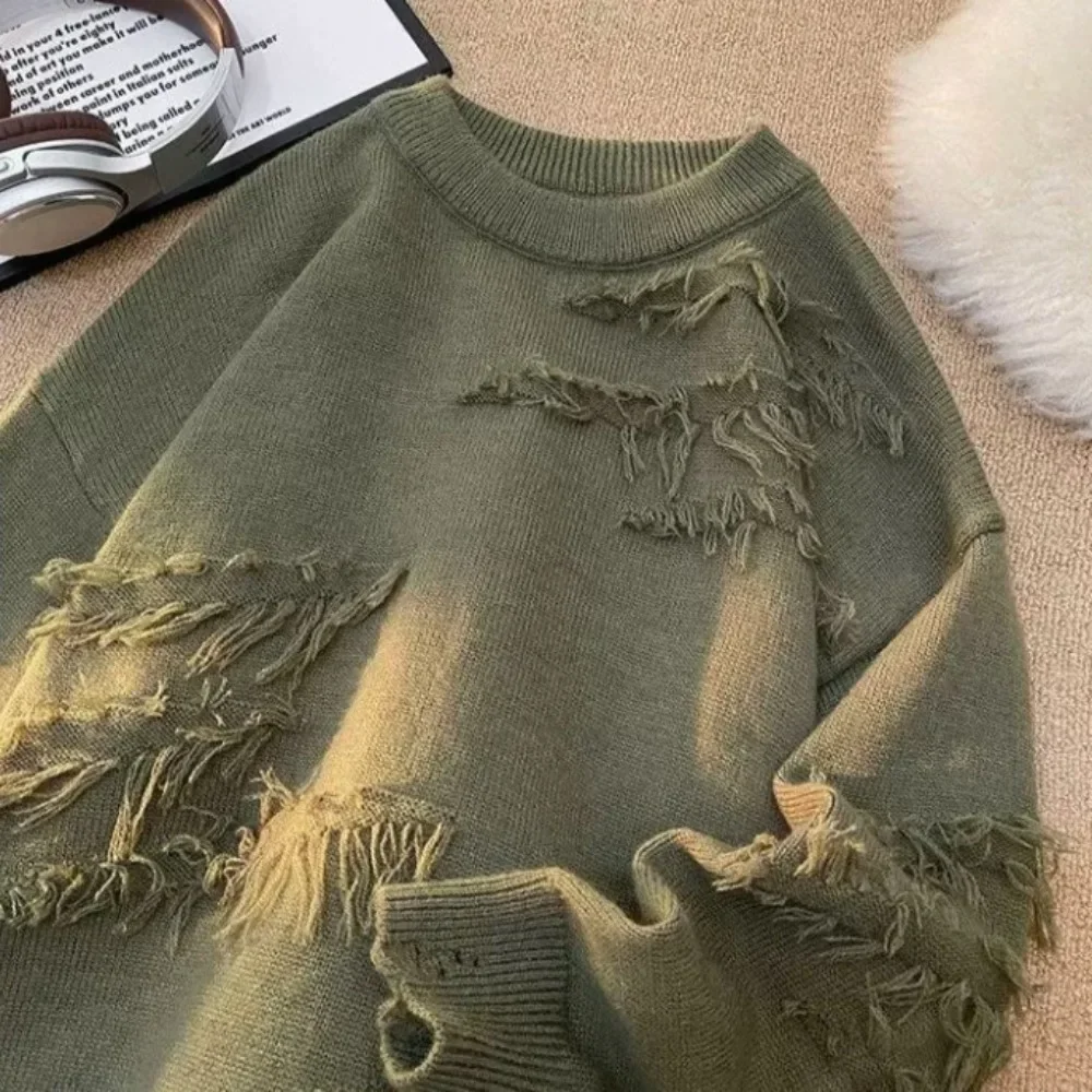 

Men Flat Knitted Sweaters Long Sleeve O Neck Pullovers Print Jumpers Loose Fit Casual Sweater 2025 Winter Slight Strech Hole