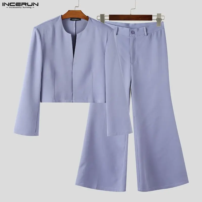 

INCERUN Мужские комплекты Однотонный укороченный пиджак с длинными рукавами и брюки-клеш Комплекты из двух предметов Уличная одежда Элегантные модные повседневные мужские костюмы